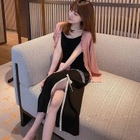 小黑裙连衣裙女春夏新款收腰显瘦蝴蝶结开衩吊带裙子 臻依缘