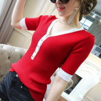 短袖女新款港味Chic针织衫时尚V领撞色边单排扣百搭修身显瘦上衣 臻依缘