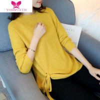 YUNWUXIN2022长袖T恤上衣女绑带宽松短款针织打底衫春季薄款洋气线衫