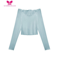 YUNWUXINT恤女性感露肩卷边纯色一字肩打底衫露脐紧身长袖短款露锁骨上衣