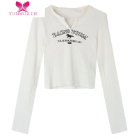 YUNWUXIN洋气辣妹修身短款针织衫女秋装复古V领显瘦长袖t恤蓝色别致上衣潮