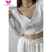 YUNWUXIN欧美风短款针织开衫女高腰单排扣爵士舞服装长袖T恤百搭上衣