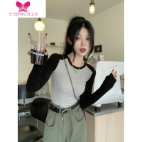 YUNWUXIN撞色修身长袖t恤2022网红上衣女新款辣妹短款内搭打底衫