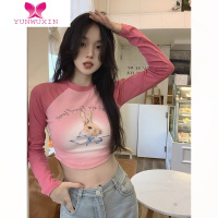 YUNWUXIN甜酷风兔子印花长袖T恤女早秋高腰短款修身显瘦bm风辣妹打底上衣