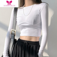 YUNWUXIN白色长袖t恤女冬韩版气质设计感露肚脐短款打底衫内搭上衣ins