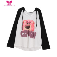 YUNWUXIN港味草莓小熊印花长袖T恤女早秋宽松休闲V领连帽罩衫韩版上衣