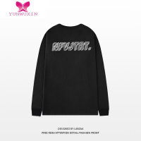 YUNWUXIN潮牌新款英文字母印花黑色圆领T恤女oversize休闲长袖正肩上衣男