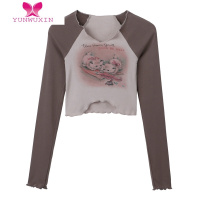 YUNWUXIN甜辣美式猫咪紧身T恤女早秋新款复古短款辣妹长袖打底衫修身上衣
