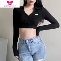 YUNWUXIN 翻V领黑色紧身长袖T恤女性感辣妹露腰外穿跳舞打底上衣