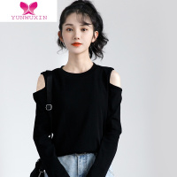 YUNWUXIN2022秋季新款露肩上衣时尚洋气长袖T恤女春装漏肩黑色打底衫