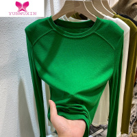 YUNWUXIN欧货螺纹长袖T恤女新款设计感紧身内搭打底小衫圆领垫肩上衣