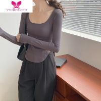 YUNWUXIN方领t恤女纯欲风修身高腰长袖打底衫莫代尔辣妹性感短款上衣