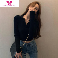 YUNWUXIN性感v领长袖t恤女冬辣妹小众紧身打底衫内搭短款显瘦上衣