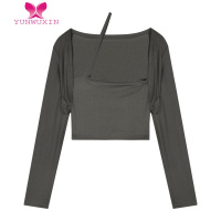 YUNWUXINT恤女挂脖抹胸方领短款修身披肩假两件性感长袖罩衫秋季黑色上衣