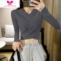 YUNWUXIN烟灰色短款上衣女内搭长袖t恤2022早紧身打底衫高腰露肚脐装T恤