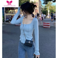 YUNWUXIN方领修身长袖t恤打底衫女性感正肩莫代尔上衣紧身装T恤