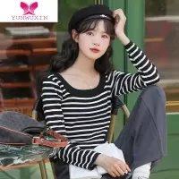 YUNWUXINins针织条纹长袖t恤女2022早秋新款设计感小众短款辣妹上衣潮T恤