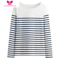 YUNWUXIN女宽领长袖T恤条纹T套头衫圆领棉质秋季新款水洗女装