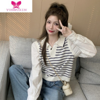 YUNWUXIN假两件拼接polo领长袖t恤女薄款设计感短款条纹针织衫上衣insT恤