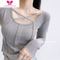 YUNWUXIN海阔已~微胖大码女装秋季长袖T恤女胖妹妹针织衫紧身辣妹短款上衣
