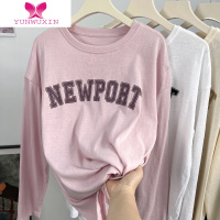 YUNWUXIN宽松舒适休闲长袖t恤女早秋薄款柔软竹节棉字母印花洋气上衣T恤