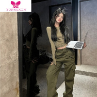 YUNWUXIN甜酷辣妹军绿色显瘦正肩长袖t恤女轻欧美设计性感小众短款bm上衣T恤