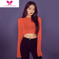 YUNWUXIN爵士舞蹈宽松长袖橘红色上衣轻薄微透跳短款帅气辣妹t恤T恤