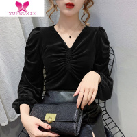 YUNWUXIN2022早秋新款金丝绒上衣t恤长袖V领打底衫女内搭洋气时尚T恤
