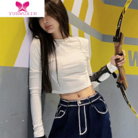 YUNWUXIN白色直角肩紧身长袖T恤女初早秋季新款别致独特小众短款辣妹上衣