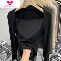 YUNWUXIN欧货纯色拼接方领上衣女2022年春季新款设计感长袖t恤锁骨打底衫T恤