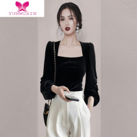 YUNWUXIN法式小众泡泡袖露锁骨高级感早秋方领金丝绒打底衫女T恤内搭上衣