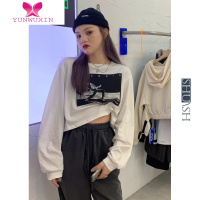 YUNWUXIN早秋短款长袖正肩t恤女设计感小众打底衫宽松显瘦独特别致上衣服T恤