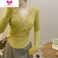 YUNWUXIN咖色打底衫女内搭配风衣的长袖T恤交叉法式露锁骨低领上衣