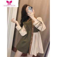 YUNWUXIN秋季女网红洋气设计感小众衬衣复古桔梗T恤法式胖mm百搭打底裙子