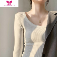 YUNWUXIN早新款白色低圆领螺纹长袖t恤女u型领露锁骨修身打底衫上衣T恤