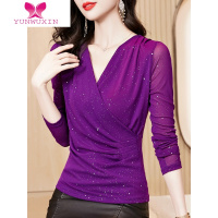 YUNWUXIN性感V领打底衫女士上衣2022秋装新款洋气内搭小衫黑色网纱长袖t恤T恤