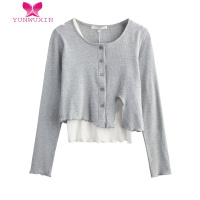 YUNWUXIN拾野森 早秋新款bm风纯欲短款小众设计感开叉长袖T恤女上衣两件套