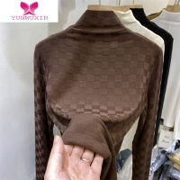 YUNWUXIN欧货2022年新款磨毛提花格子长袖t恤半高领打底衫女上衣内搭T恤