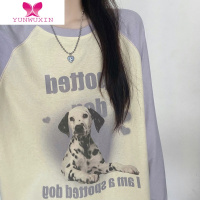 YUNWUXIN原创可爱斑点小狗印花长袖T恤女宽松休闲插肩袖打底衫棉上衣早秋