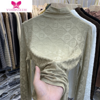 YUNWUXIN冬新款内搭洋气提花格子长袖t恤女欧货短款上衣半高领打底衫T恤