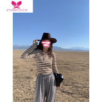 YUNWUXIN张贝贝ibell2022年新款设计感V领木耳边长袖T恤女夏条纹长袖上衣