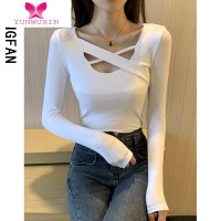YUNWUXIN2022年女装新款早秋季洋气交叉T恤长袖t桖百搭打底衫内搭辣妹上衣