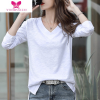 YUNWUXIN2022初秋新款白色竹节棉长袖t恤女韩版宽松大码打底衫V领上衣T恤