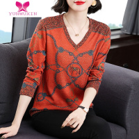 YUNWUXIN民族风中年妈妈秋季V领打底衫女2022新款洋气花色减龄长袖T恤上衣