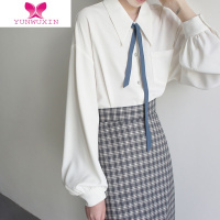 YUNWUXIN学院风雪纺白衬衫女长袖新款小尖领别致上衣叠穿衬衣韩版女装