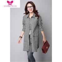 YUNWUXIN新款大码长袖衬衣外套宽松休闲显瘦棉麻中长款黑白格子衬衫女