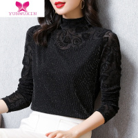 YUNWUXIN中年妈妈半高领网纱打底衫女洋气加绒黑色蕾丝t恤小衫内搭上衣女T恤
