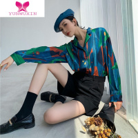 YUNWUXIN2022新春港风复古斑斓油画上衣别致古着法式长袖花衬衫女气质衬衣