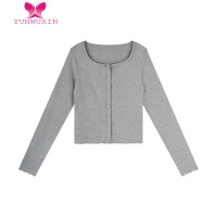 YUNWUXIN八月 长袖t恤女2022秋款灰色开衫修身气质针织上衣T恤