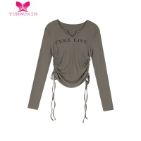 YUNWUXIN八月 长袖T恤女2022年秋新款复古短款上衣设计感小众